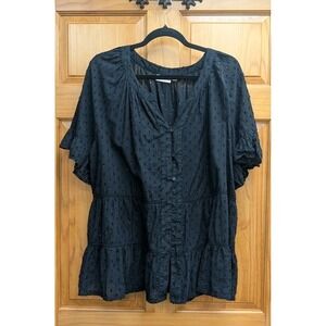 Wonderly Top 2X Short Sleeves Glitter Thread Button Front Black